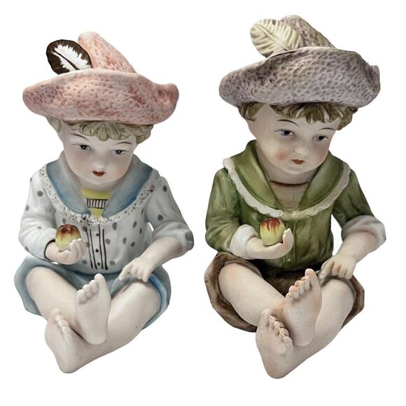 Andrea by Sadek Piano Babies #6162 Bisque Porcelain Figurines Set of 2 Vintage - Picture 1 of 7
